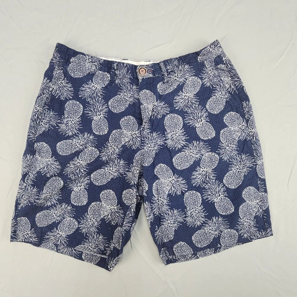 Nifty Genius Mens 31 Navy Blue Pineapple Seersucker Flat Front Chino Shorts
